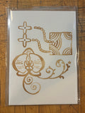 Hand-painted espresso card with cat and ornamental designs in a plastic sleeve